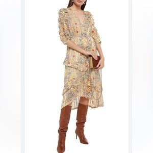 Ba&sh V-Neck Ruffle Floral Metallic Midi A-Line Satin Dress Size 4